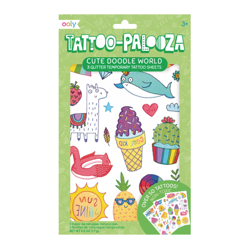 Ooly Tattoo Palooza: Cute Doodle World Temporary Glitter Tattoos - 3 Sheets