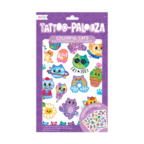 Ooly Tattoo Palooza: Colorful Cats Temporary Glitter Tattoos - 3 Sheets