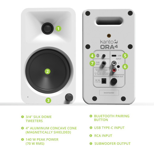 Kanto ORA4 140W Powered Referenece Desktop Speakers with Bluetooth (White)