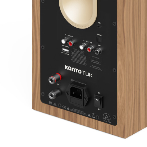 Kanto TUK (Gen.2) Premium Powered Bookshelf Speaker - Walnut Wood with Rose Gold Surround